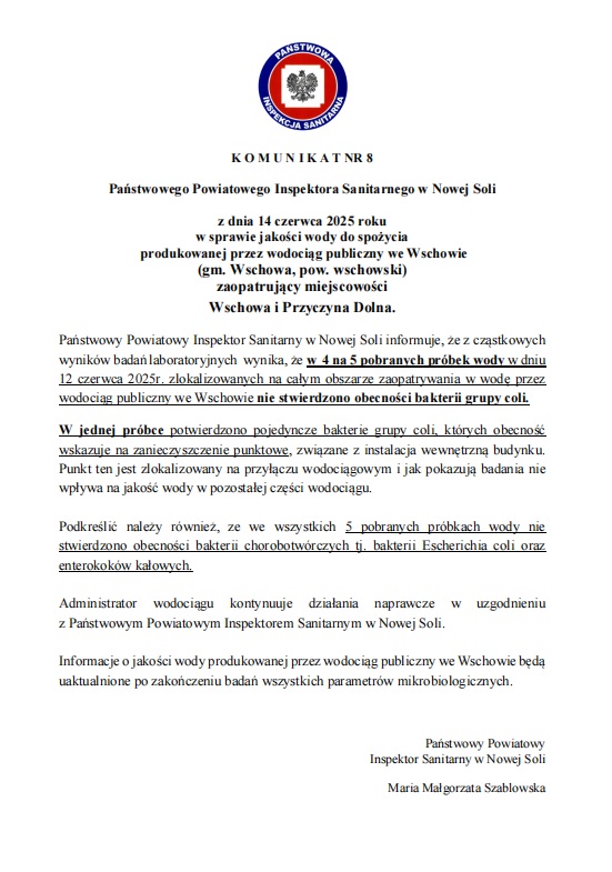 Nowy komunikat w sprawie jakości wody